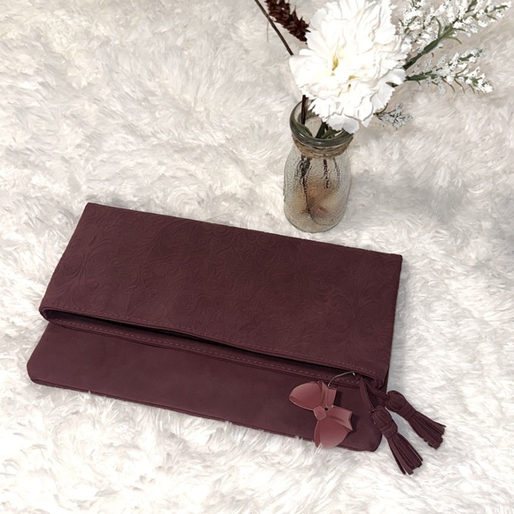 Ion Color Brilliance wine colored velvet clutch fold over bag - Picture 7 of 9